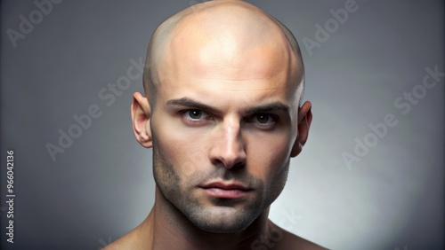 A close-up of a shaved bald head, with a subtle shine and slight stubble, against a neutral gray photo