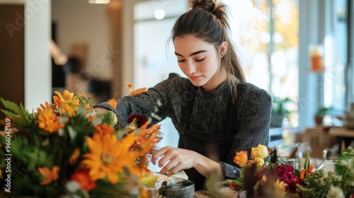 Fototapeta Naklejka Na Ścianę i Meble -  A young woman with a modern hairstyle sets the Thanksgiving table in her apartment, the room filled with natural light, the table adorned with vibrant fall flowers and handmade place cards