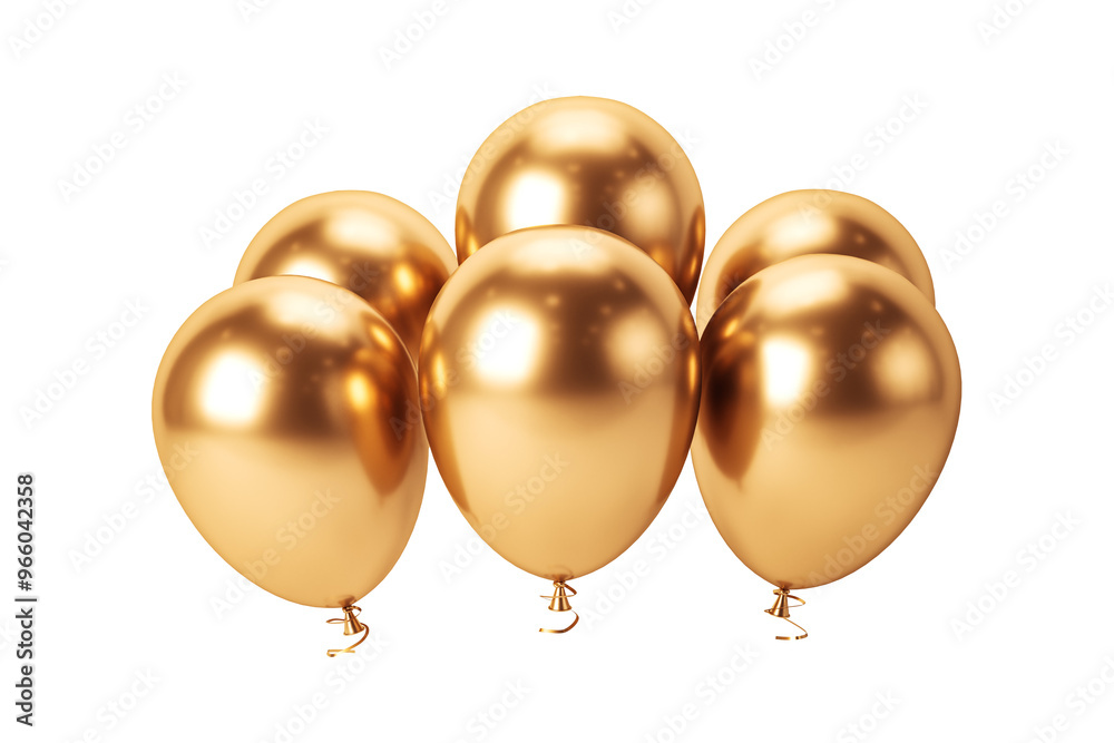 Cluster of gold balloons on a white background, creating a festive and celebratory atmosphere. Modern, clean, isolated element for party design. 3D Rendering Cluster of gold balloons on a white background, creating a festive and celebratory atmosphere. Modern, clean, isolated element for party design. 3D Rendering