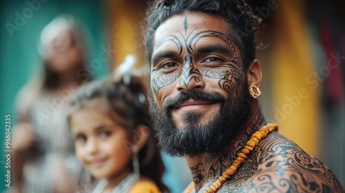 A man showcasing intricate tribal face and body tattoos smiles warmly at the camera with a young girl in the background, highlighting their affectionate bond in an outdoor setting.