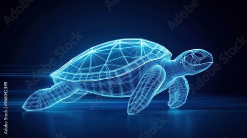 A futuristic blue holographic turtle gliding through a digital space, showcasing modern technology and aquatic life. photo