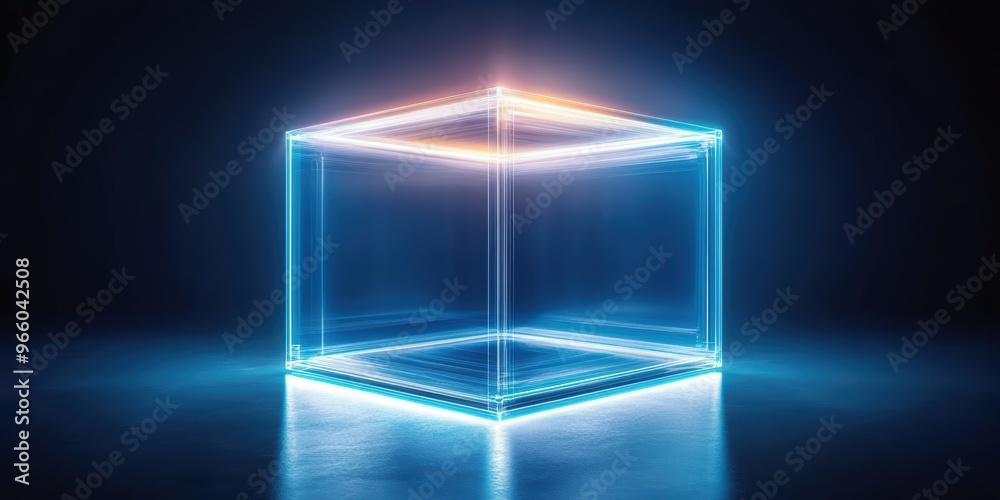 A glowing, transparent cube on a dark surface, illuminated by colorful lights, creating a futuristic and abstract atmosphere. A glowing, transparent cube on a dark surface, illuminated by colorful lights, creating a futuristic and abstract atmosphere.