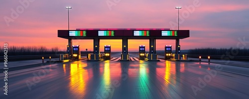 AI-operated toll booth, digital transaction display, highway setting, sunset colors
