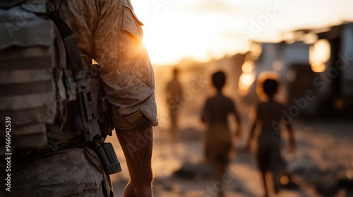 A soldier, viewed from behind in full uniform, gazes upon children walking away during sunset, depicting a moment of guardianship and serenity in a distant setting.