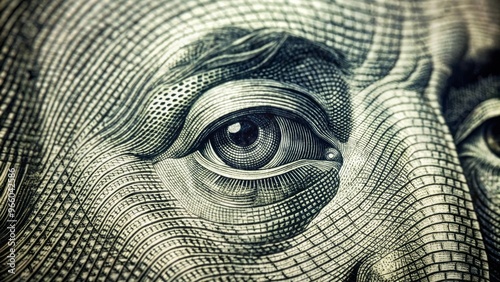 A close-up shot of a dollar bill with an eye cleverly integrated into the design, blending currency and photo