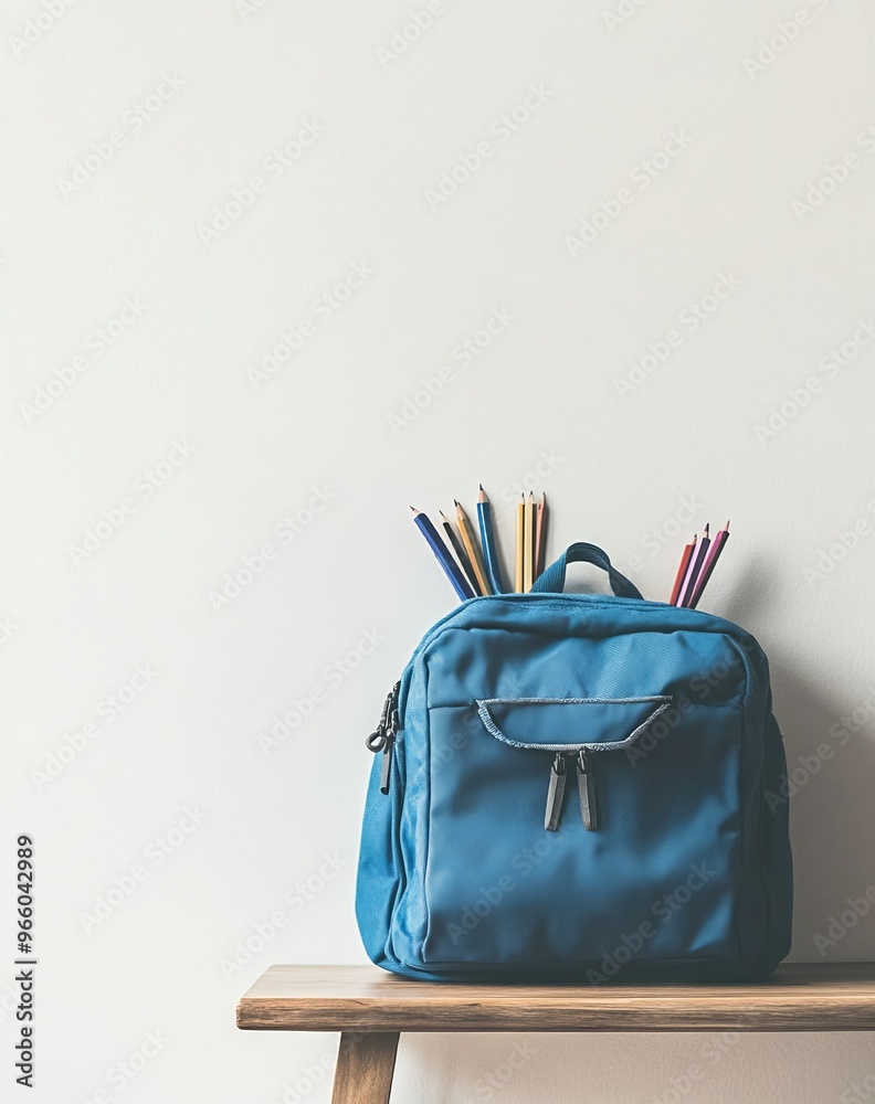 Blue Backpack with School Supplies on Wooden Table, High Resolution, Minimalistic Style, Copy Space for Text. AI generated illustration Blue Backpack with School Supplies on Wooden Table, High Resolution, Minimalistic Style, Copy Space for Text. AI generated illustration