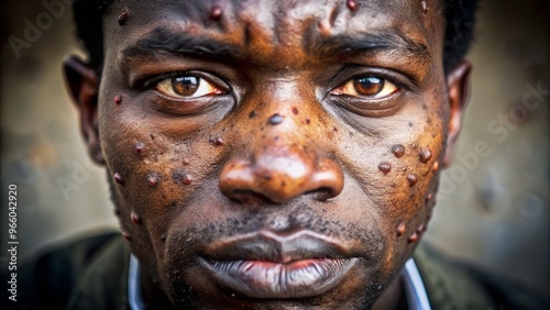 A close-up view of a dark-skinned adult's face, showcasing numerous pitted scars and blemishes, a testament to the