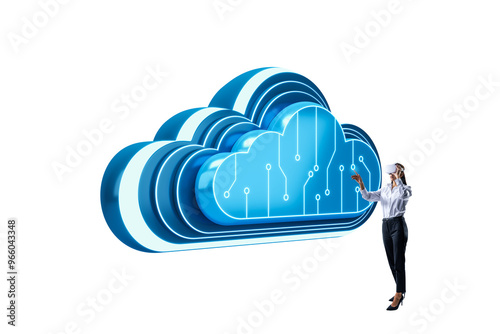 Woman wearing VR headset interacts with large glowing blue cloud icon on white background. Concept of cloud computing technology