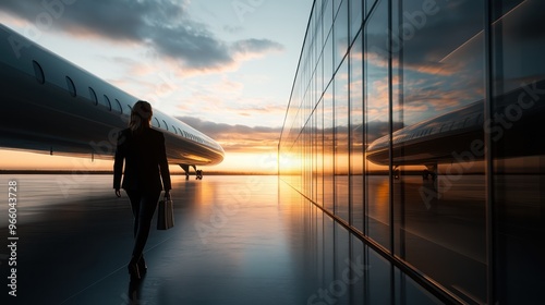 A person holding a briefcase walks along the modern airport, with an airplane and stunning sunset reflected on the glass facade and in the background. photo