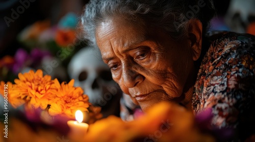 An elderly woman surrounded by vibrant marigold flowers and candles participates in a traditional ritual. Skull motifs can be seen in the background, adding a cultural touch.