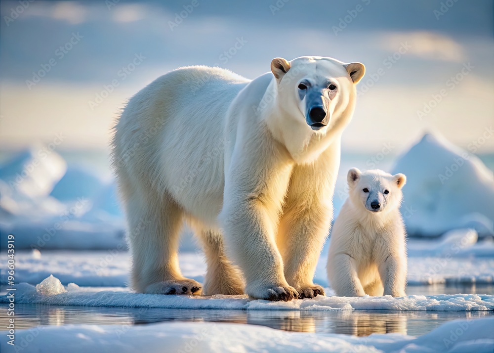 Adorable polar bear mother and playful cub wander together on Arctic sea ice, showcasing tender maternal bond and innocence in harsh yet beautiful winter landscape. Adorable polar bear mother and playful cub wander together on Arctic sea ice, showcasing tender maternal bond and innocence in harsh yet beautiful winter landscape.