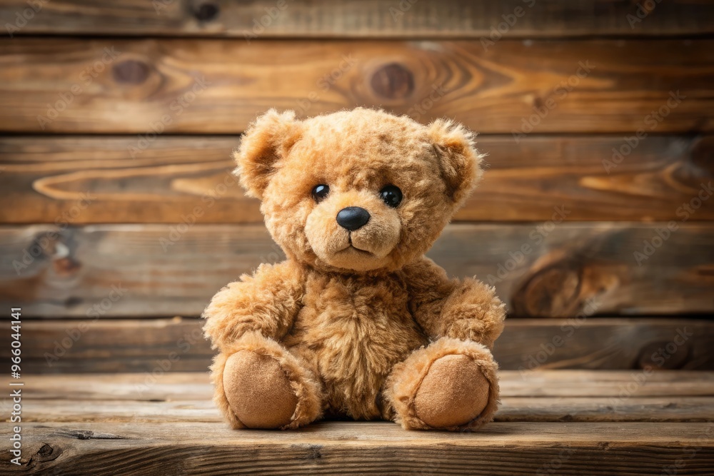 Adorable small brown teddy bear with soft fuzzy fur, endearing facial expression, and cute tiny paws, sitting on a natural wood background, looking innocence.