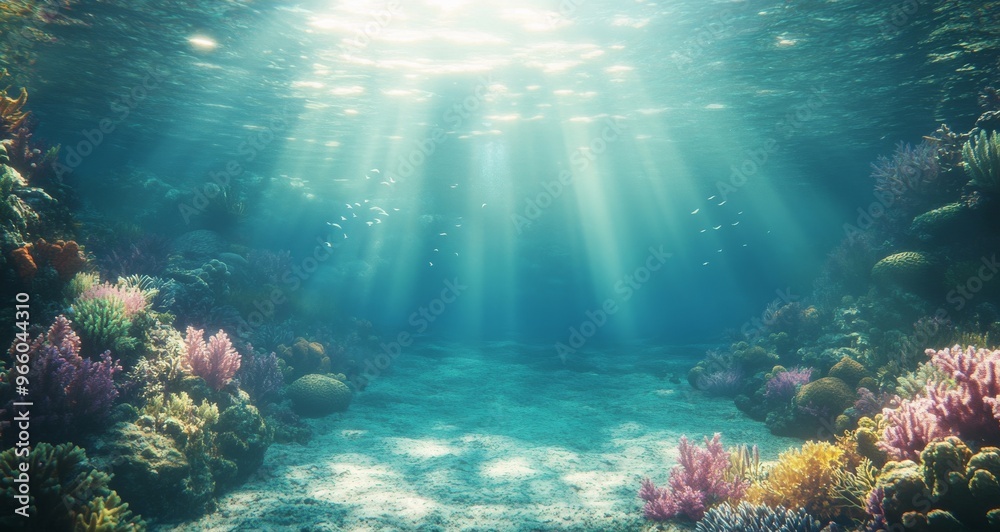 Underwater coral reef with vibrant marine life illuminated by sunlight in a tropical ocean Underwater coral reef with vibrant marine life illuminated by sunlight in a tropical ocean