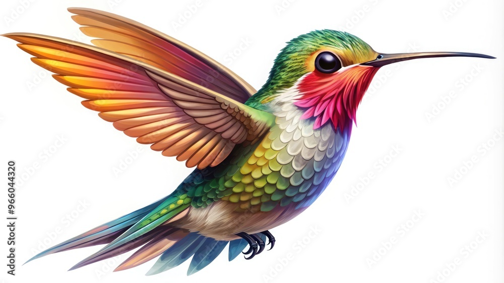 Obraz premium Adorable Vector Graphic With A Tiny Hummingbird Hovering In Mid-Air, Featuring Intricate Details And Bright Colors.