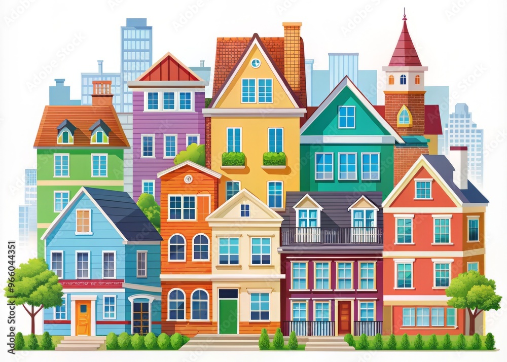 A colorful illustration of various houses, buildings, and residential structures in clip-art style, set against a white A colorful illustration of various houses, buildings, and residential structures in clip-art style, set against a white