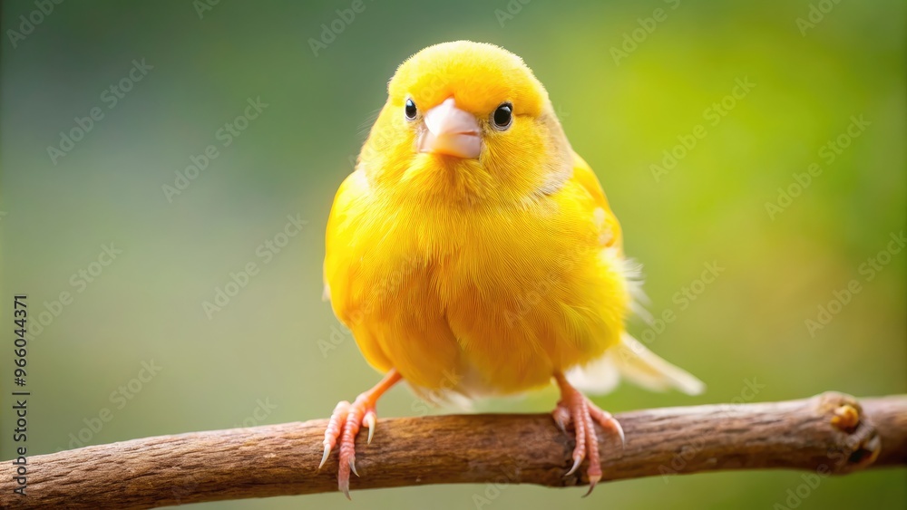 Adorable yellow canary with large round eyes and tiny beak perches on a branch, feathers fluffed, looking curiously at the viewer with endearing innocence.