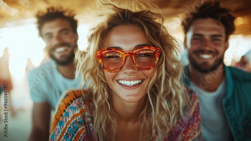 A smiling woman with trendy sunglasses and beach attire is in focus, while two friends in the background add to the sunny and carefree atmosphere of the outdoor setting.