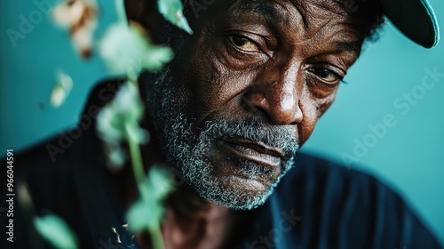 A detailed close-up shot of a bearded man, with the added depth of green plants in the foreground, creating an interesting contrast between nature and humanity.