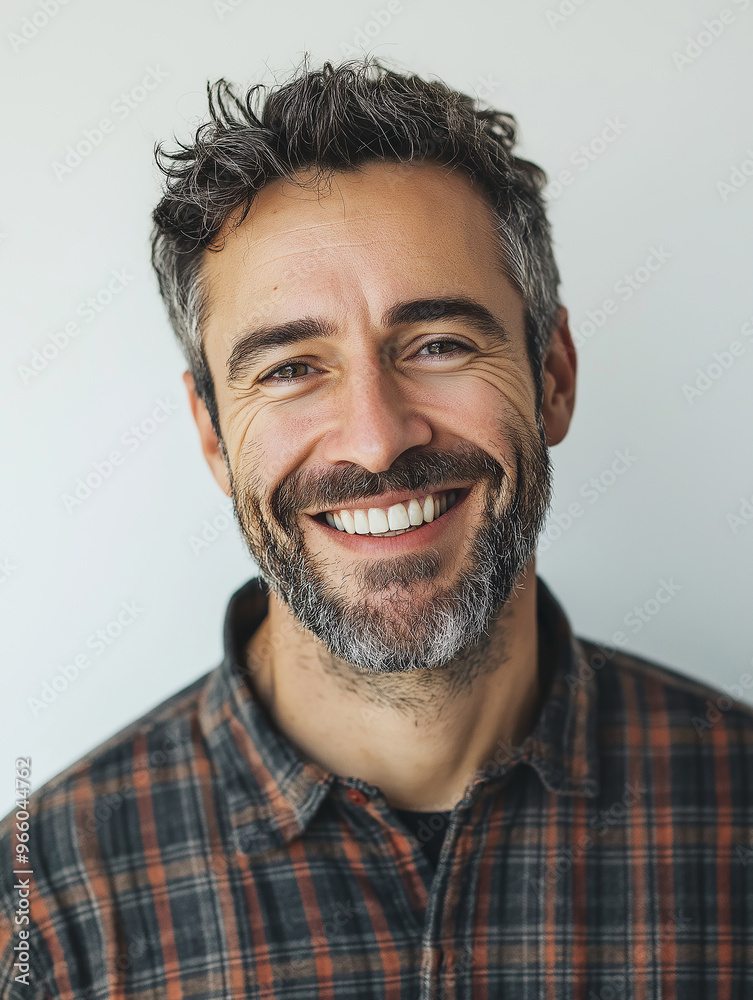 Fototapeta premium Portrait of a Smiling Young Smart Looking Man with Beard Wearing a Plaid Shirt