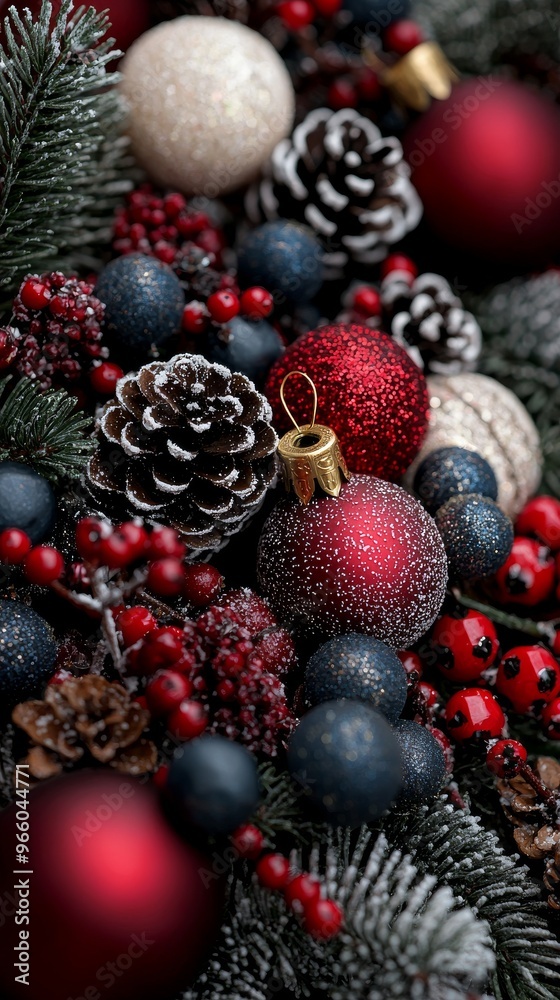 Red and Blue Christmas Ornaments with Pine Cones and Berries Red and Blue Christmas Ornaments with Pine Cones and Berries
