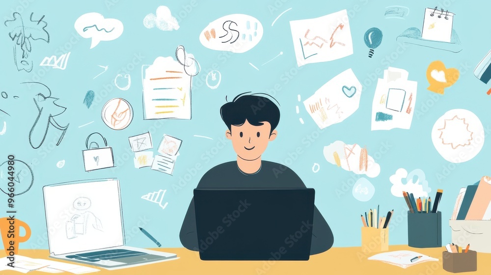 Single entrepreneur balancing work and life, with a laptop on one side Single entrepreneur balancing work and life, with a laptop on one side