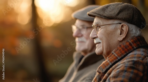 An elderly man sporting a cap and a plaid shirt is sitting outdoors as the sun sets behind him, symbolizing tranquility and retrospection in a serene natural setting. photo