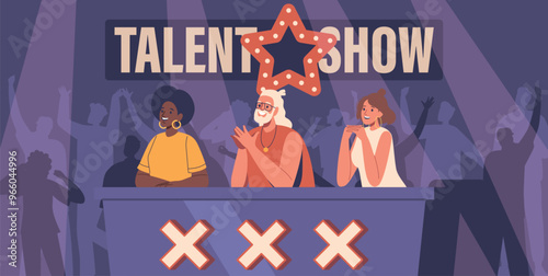 Judges Sit At A Panel During A Talent Show, Ready To Evaluate Contestants. Audience Watches Enthusiastically