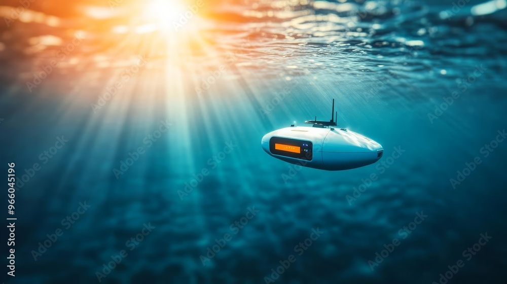 Fototapeta premium Autonomous marine exploration vehicle, digital ocean mapping, deep-sea environment, sunlight