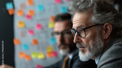 Two individuals work together, presumably in a professional setting, organizing colorful sticky notes on a board in the background. This reflects teamwork and planning.