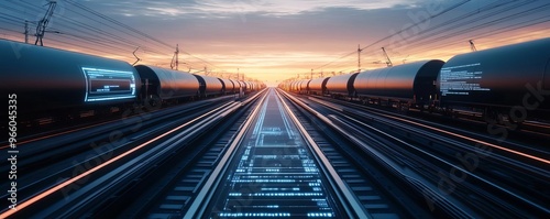 Autonomous rail freight, digital cargo tracking, futuristic train station, twilight