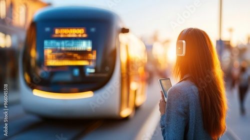 Autonomous shuttle bus, digital signage, modern cityscape, morning light, blue sky