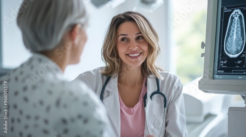 A detailed image of a woman patient consulting with her doctor in a bright modern medical office the doctor is explaining the results of her mammogram with a reassuring smile while the patient