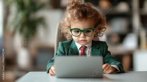 A young child wearing a green suit and glasses is deeply focused on a tablet, highlighting the innocence and curiosity of children in a modern, tech-friendly setting.