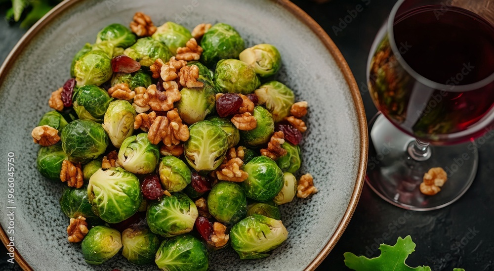 Autumn-inspired dish with Brussels sprouts, nuts, and grapes served with red wine at a cozy dinner Autumn-inspired dish with Brussels sprouts, nuts, and grapes served with red wine at a cozy dinner