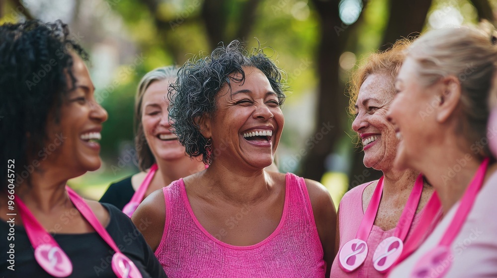 A group of laughing women of different ages and backgrounds all wearing pink ribbons and standing in a circle in a park their joy and camaraderie are palpable as they celebrate their strength and A group of laughing women of different ages and backgrounds all wearing pink ribbons and standing in a circle in a park their joy and camaraderie are palpable as they celebrate their strength and