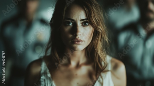 A young woman with a serious expression stands with police officers behind her, suggesting a tense or significant moment, blending emotion with uncertainty.