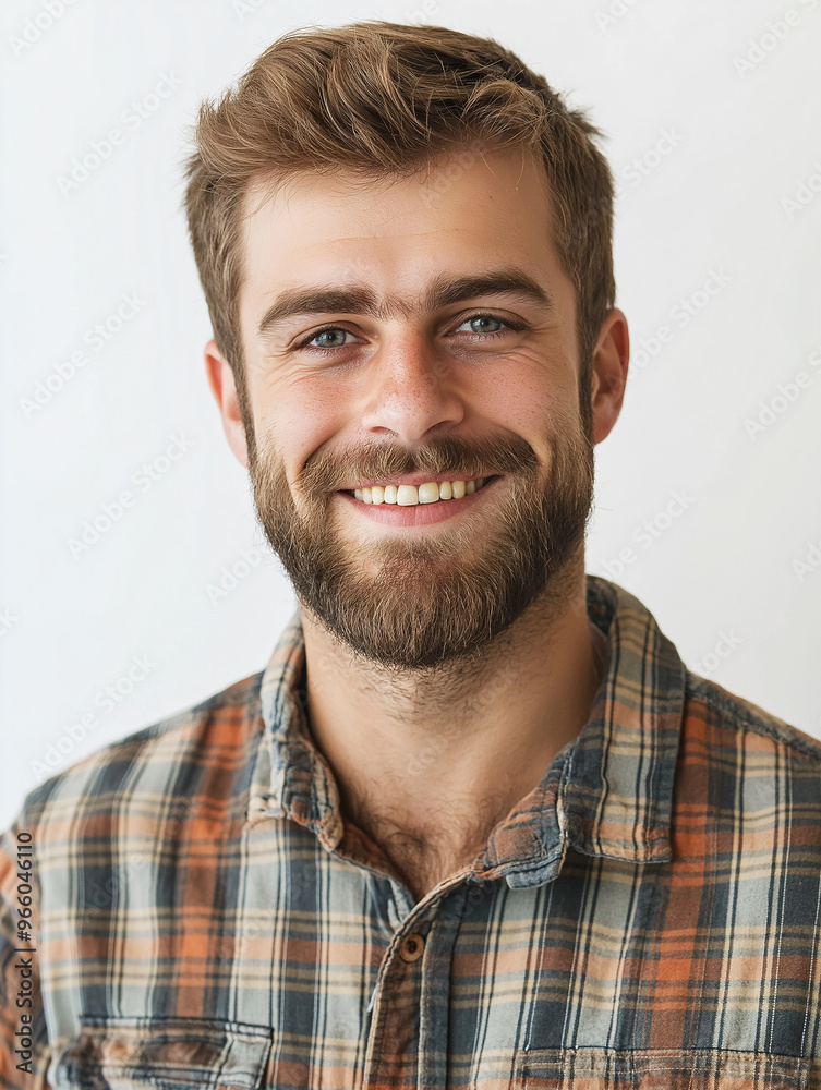 Portrait of a Smiling Young Smart Looking Man with Beard Wearing a Plaid Shirt Portrait of a Smiling Young Smart Looking Man with Beard Wearing a Plaid Shirt