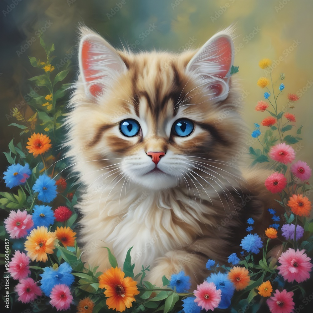 Fototapeta Cute kitten portrait with flowers 