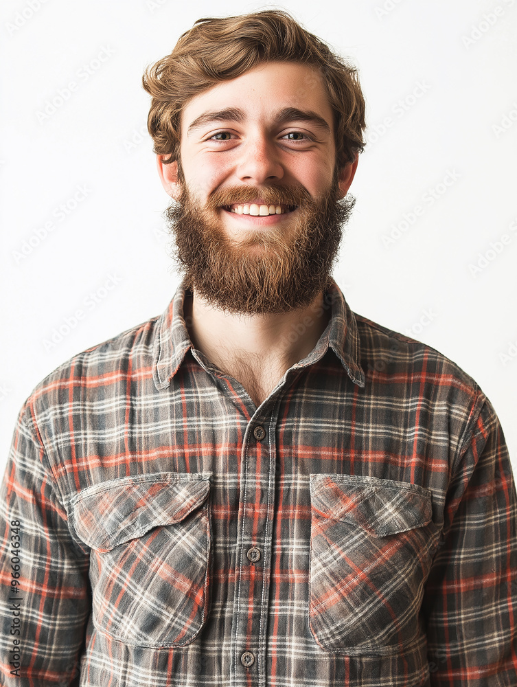 Portrait of a Smiling Young Smart Looking Man with Beard Wearing a Plaid Shirt