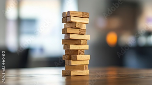 Wooden Jenga Blocks on Office Table with Copy Space Banner Mockup Background. AI generated illustration