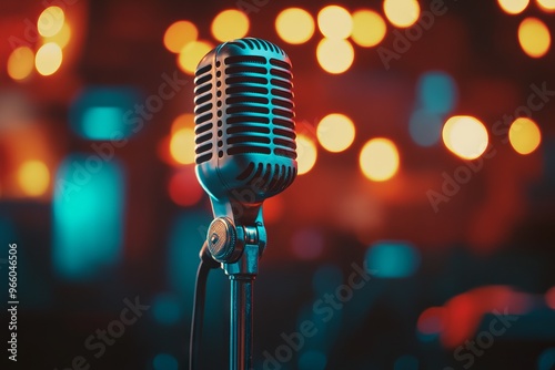Vintage Microphone on Stage with City Lights Background, Karaoke Night Concept. AI generated illustration