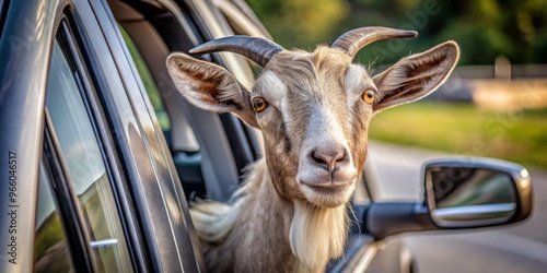 A curious goat peeks out of an open car door, its horns and fur visible as it explores photo