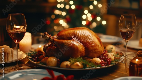 A delicious roast turkey dinner is served on the table.