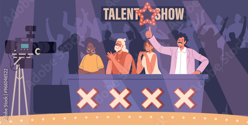 Talent Show Scene Featuring Panel Of Judges Under Lights Showing Energetic Expressions Cartoon Vector Illustration