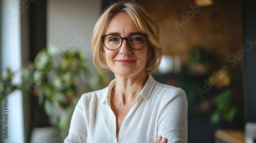 middle aged professional businesswoman standing in a corporate office smiling and looking at camera representing leadership and career success photo