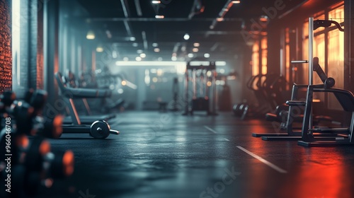 Wallpaper Mural 3D Render of a Gym Interior with Blurred Equipment in a Dark, Moody Atmosphere - AI generated illustration Torontodigital.ca
