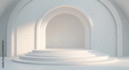 Modern minimalist stage design featuring circular backdrop in soft lighting