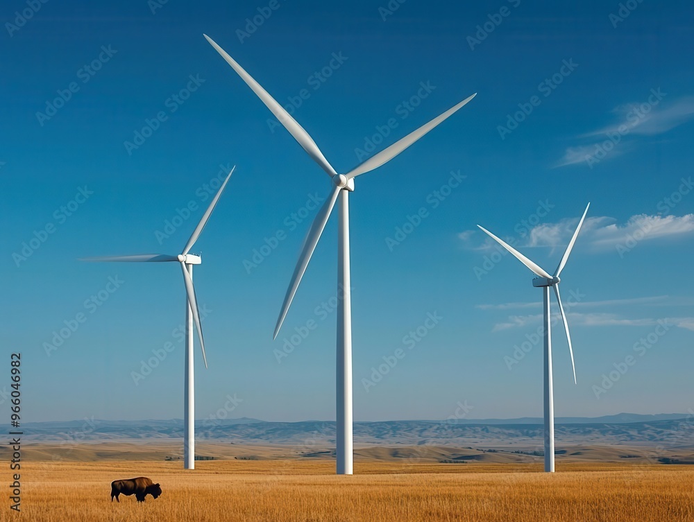 Wind turbines on a prairie with bison grazing, expansive sky in the background, renewable and natural Wind turbines on a prairie with bison grazing, expansive sky in the background, renewable and natural