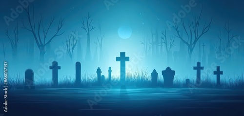 Eerie graveyard scene under a full moon with mist, showcasing silhouettes of gravestones and bare trees in a haunting landscape.