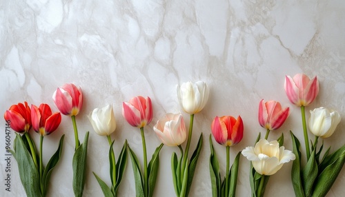 Colorful tulips arranged on a marble surface for spring decoration and floral...